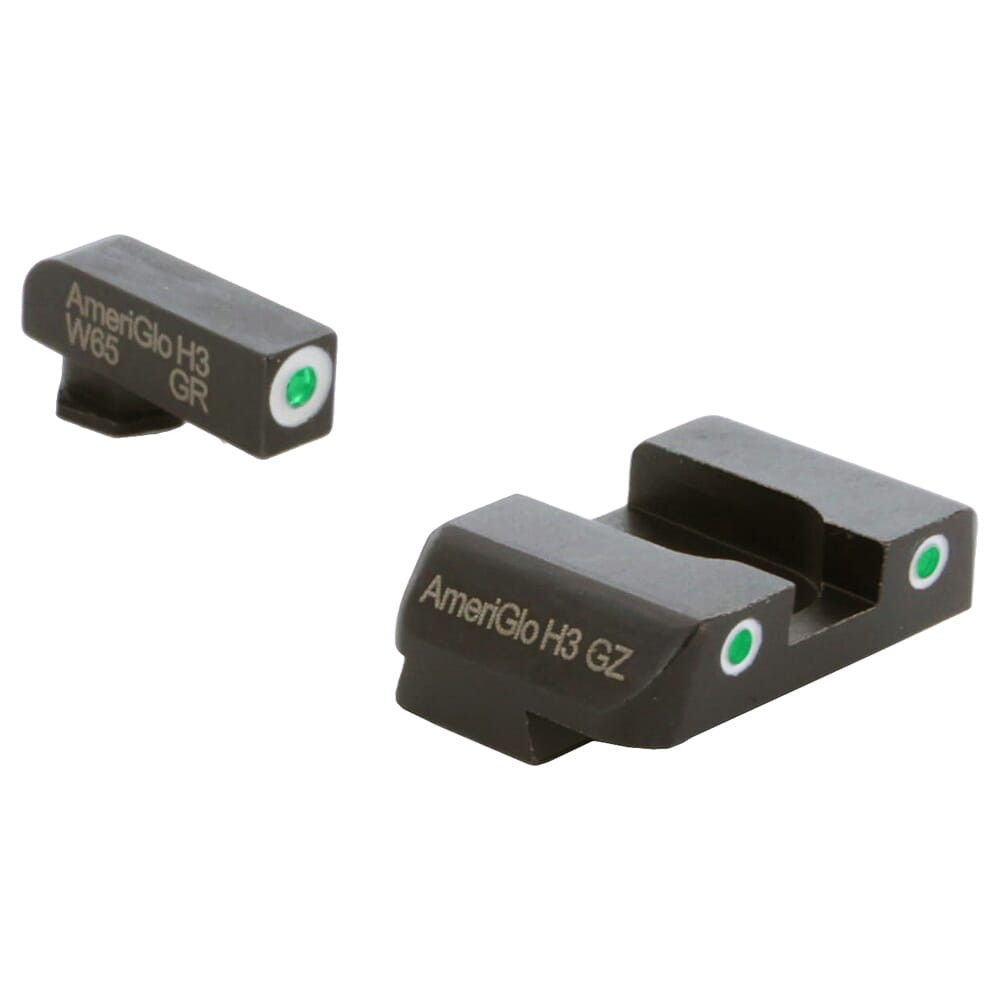 Ameriglo Spartan Grn Trit w/Wht Outline Front, Grn Trit w/Wht Outline Rear 3-Dot Night Sight for Glock Gen 1-4 17,19,22-24,26,27,33-35,37-39 GL-227