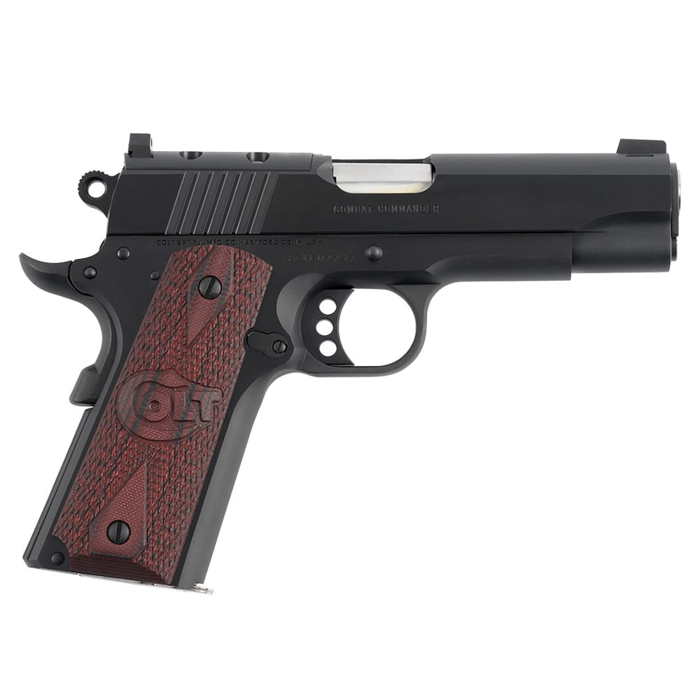 Colt 1911 Combat Commander .38 Super 4.25\" Bbl Series 80 White Dot Front/Black Serrated Rear Sight OR 9+1 Cap G10 Cherry Grip Blued Pistol O4943XE-OR