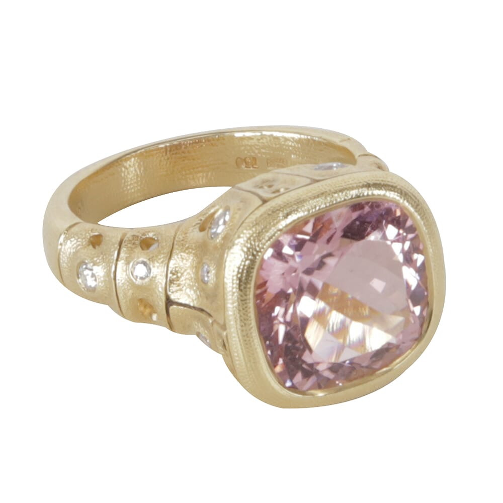 Alex Sepkus 18K Diamond \"Francoise\" Ring with 5.65ct Pink Tourmaline 12x12mm Cushion and 11 Diamonds (0.28ct) R-226