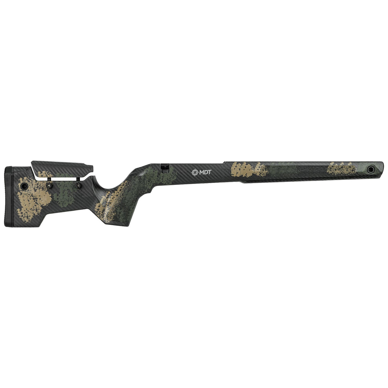 MDT CRBN Tikka T3X Long Action RH Fixed ARCA Highland Green and Flat Dark Earth Chassis System 114850-HGF