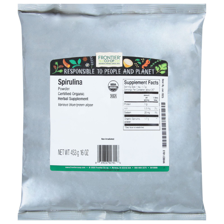 Frontier Herb 100% Organic Spirulina Powder - 1 Lb. - J C Herbal Products