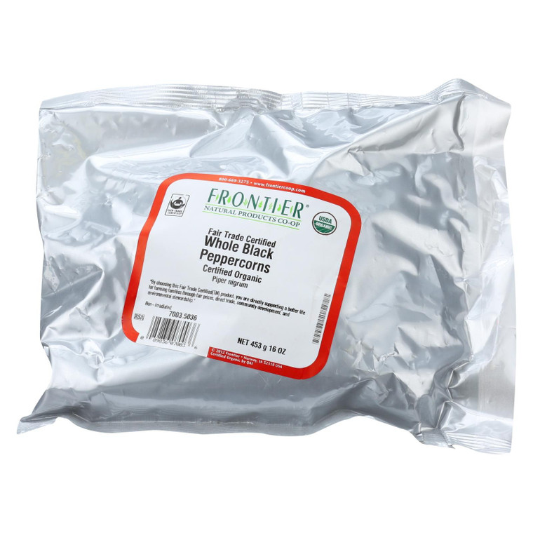 Frontier Herb Peppercorns Organic Fair Trade Certified Whole Black - Single Bulk Item - 1lb - J C Herbal Products
