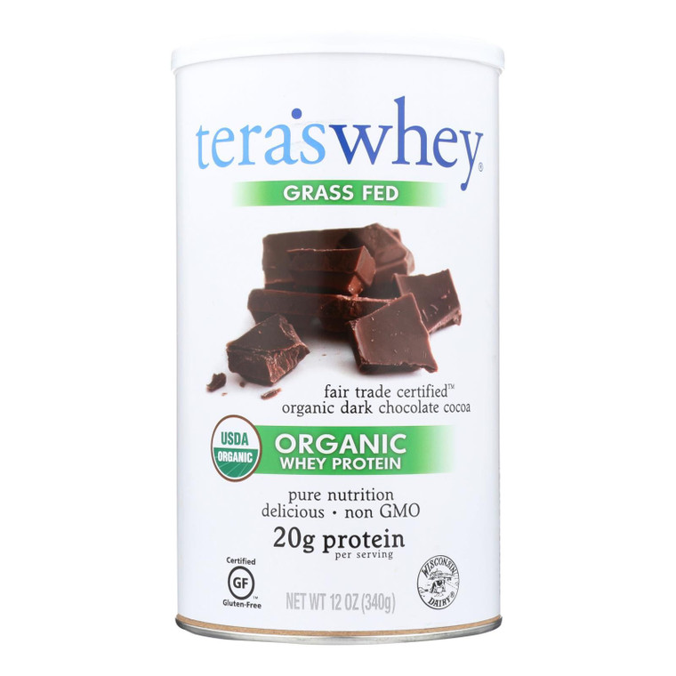Teras Whey Protein Powder - Whey - Organic - Fair Trade Certified Dark Chocolate Cocoa - 12 Oz - J C Herbal Products