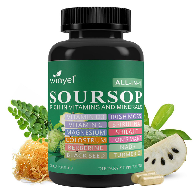 Soursop Supplement with 20 Herbal Extracts & Lion's Mane Vegan, 60 Capsules