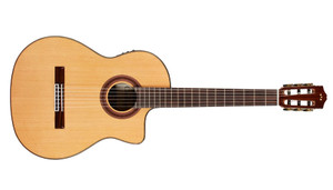 Cordoba C7-CE CD classical guitar, full front view with cedar top, cutaway and wooden rosette