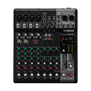Yamaha MG10XUF 10-channel analogue mixer, front view showing the faders, D-PRE preamp channels and USB section