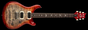 PRS SE Custom 24-08 in Charcoal Cherry Burst, full front view with flame maple top, cream pickup rings and red headstock