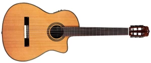 Cordoba Fusion 12 Natural CD, full front view with cedar top, cutaway and wooden rosette