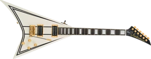 Jackson Randy Rhoads CD1 in Vintage White with black pinstripes, full front view with gold hardware