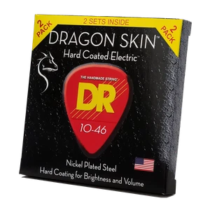 DR Dragon Skin DSE-2/10 2-pack box at an angle, black box with red DR pick logo and 10-46 gauge