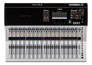 Yamaha TF5 32-channel digital mixing console, front view of the touchscreen and motorised faders