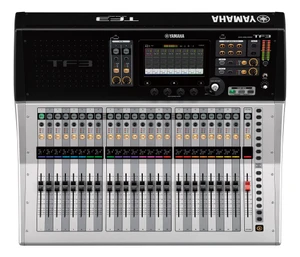 Yamaha TF3 24-channel digital mixing console, front view of the touchscreen and motorised faders