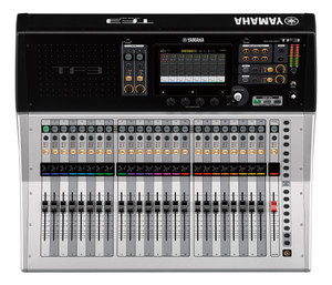 Yamaha TF3 24-channel digital mixing console, front view of the touchscreen and motorised faders