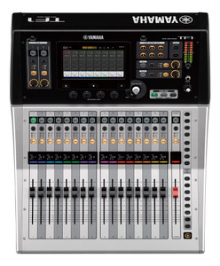 Yamaha TF1 16-channel digital mixing console, front view of the touchscreen and motorised faders