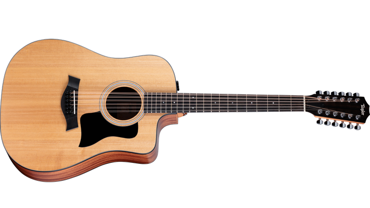 Taylor 150ce 12-string acoustic-electric guitar front view with torrefied spruce top and black pickguard
