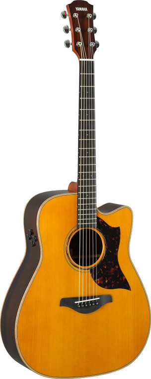 Yamaha A3R ARE dreadnought cutaway in Vintage Natural, front view showing the solid spruce top and tortoise pickguard