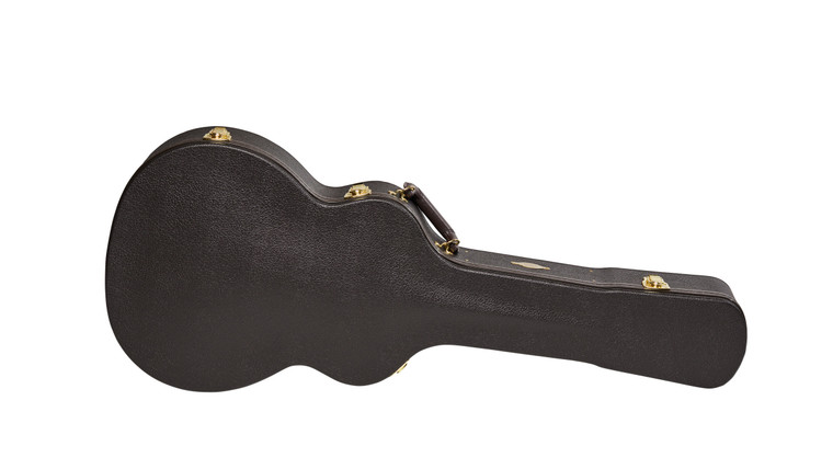 Taylor Grand Auditorium deluxe hardshell case in textured dark brown vinyl with gold latches, closed