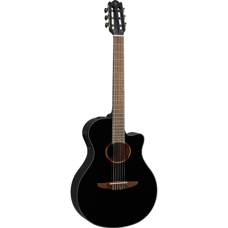 Yamaha NTX1 Nylon Acoustic Electric Guitar in Black, front view of the slim NTX body and solid Sitka spruce top