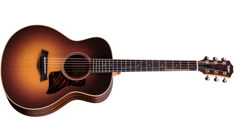 Taylor GS Mini-e Rosewood SB front view in matte sunburst with firestripe pickguard