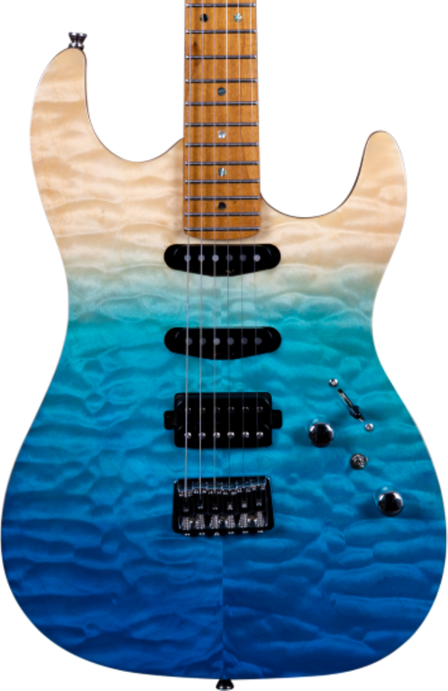 JET GUITARS JS-1000 QUILTED MAPLE TOP ELECTRIC GUITAR HSS ROASTED MN TRANSPARENT BLUE