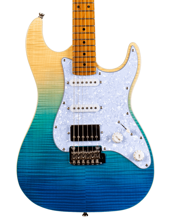 JET GUITARS JS-450 FLAMED MAPLE TOP ELECTRIC GUITAR HSS ROASTED MN TRANSPARENT BLUE