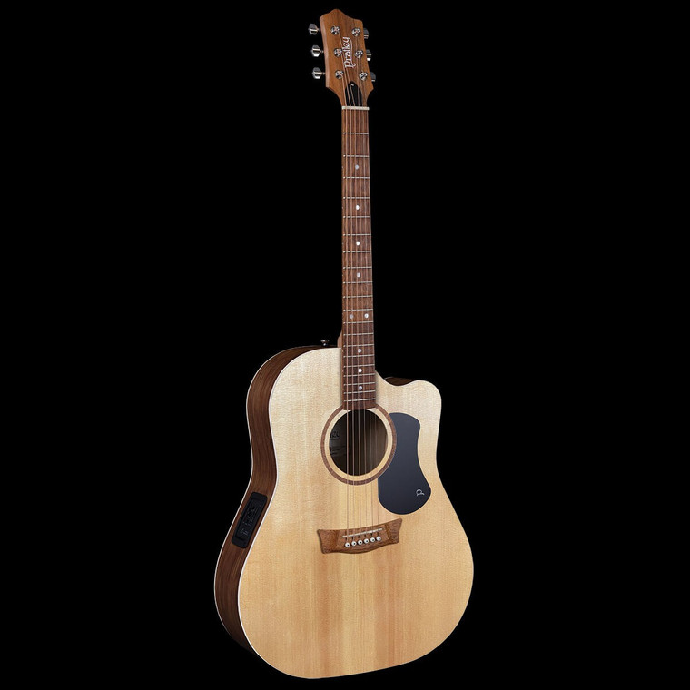 Pratley Classic D-SCE-BWS Sitka Spruce Blackwood Dreadnought Cutaway - front view showing the solid Sitka spruce top, black pickguard and cutaway