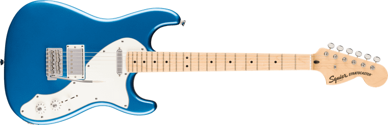 Squier Paranormal Stratocaster Deluxe in Lake Placid Blue, full front view with maple fingerboard and parchment pickguard