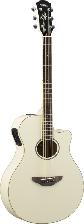 Yamaha APX600 thinline acoustic-electric guitar in Vintage White, front view