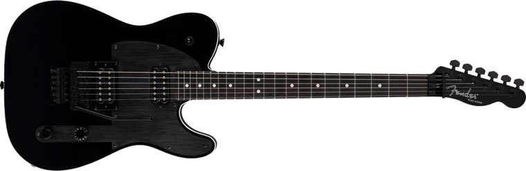 Fender John 5 Phantom Telecaster in Black, full front view with brushed black pickguard, DiMarzio humbuckers and Floyd Rose tremolo