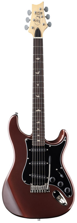 PRS SE Silver Sky Defender Limited Edition in Sedona Red, full front view with black pickguard, rosewood fretboard and bird inlays