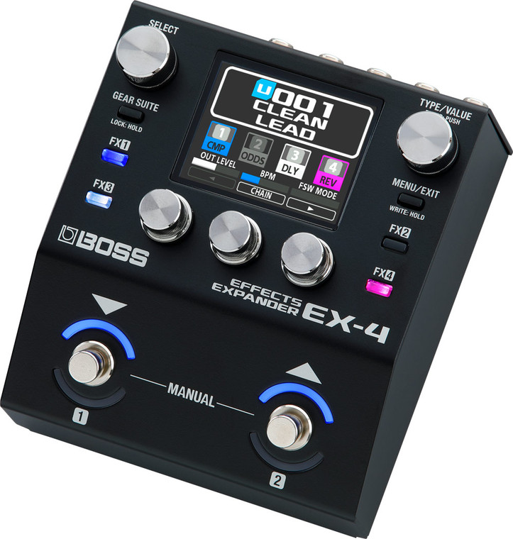 BOSS EX-4 three-quarter view showing the angled footswitch deck with blue LED rings