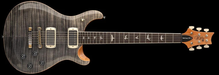 PRS SE McCarty 594 in Charcoal, full front view with flame maple top, covered humbuckers and four control knobs