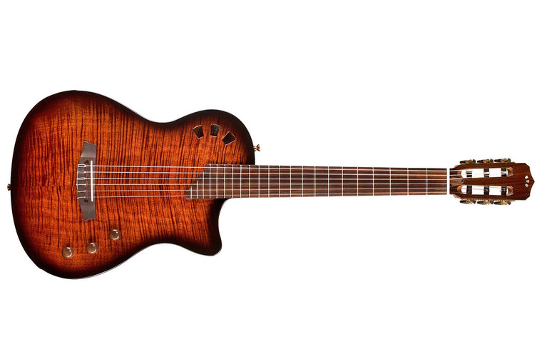 Cordoba Stage Edge Burst nylon-string electric, full front view with flamed maple top and soundport