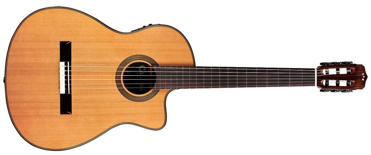 Cordoba Fusion 12 Natural CD, full front view with cedar top, cutaway and wooden rosette