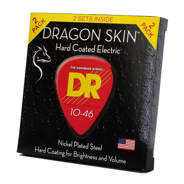DR Dragon Skin DSE-2/10 2-pack box at an angle, black box with red DR pick logo and 10-46 gauge