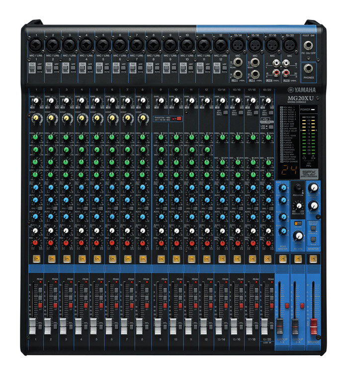 Yamaha MG20 20-channel analogue mixer, front view of the control surface