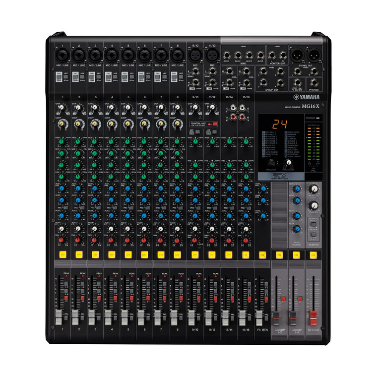 Yamaha MG16 16-channel analogue mixer, front view of the control surface