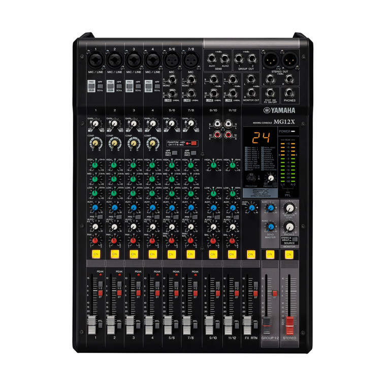 Yamaha MG12 12-channel analogue mixer, front view of the control surface