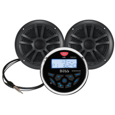 Boss Audio MCKGB350B.6 Combo - Marine Gauge Radio w/Marine Antenna  Speakers - Black