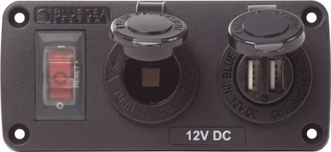 Blue Sea Water-Resistant 12V 15A Circuit Accessory Panel with 12v Socket and Dual USB
