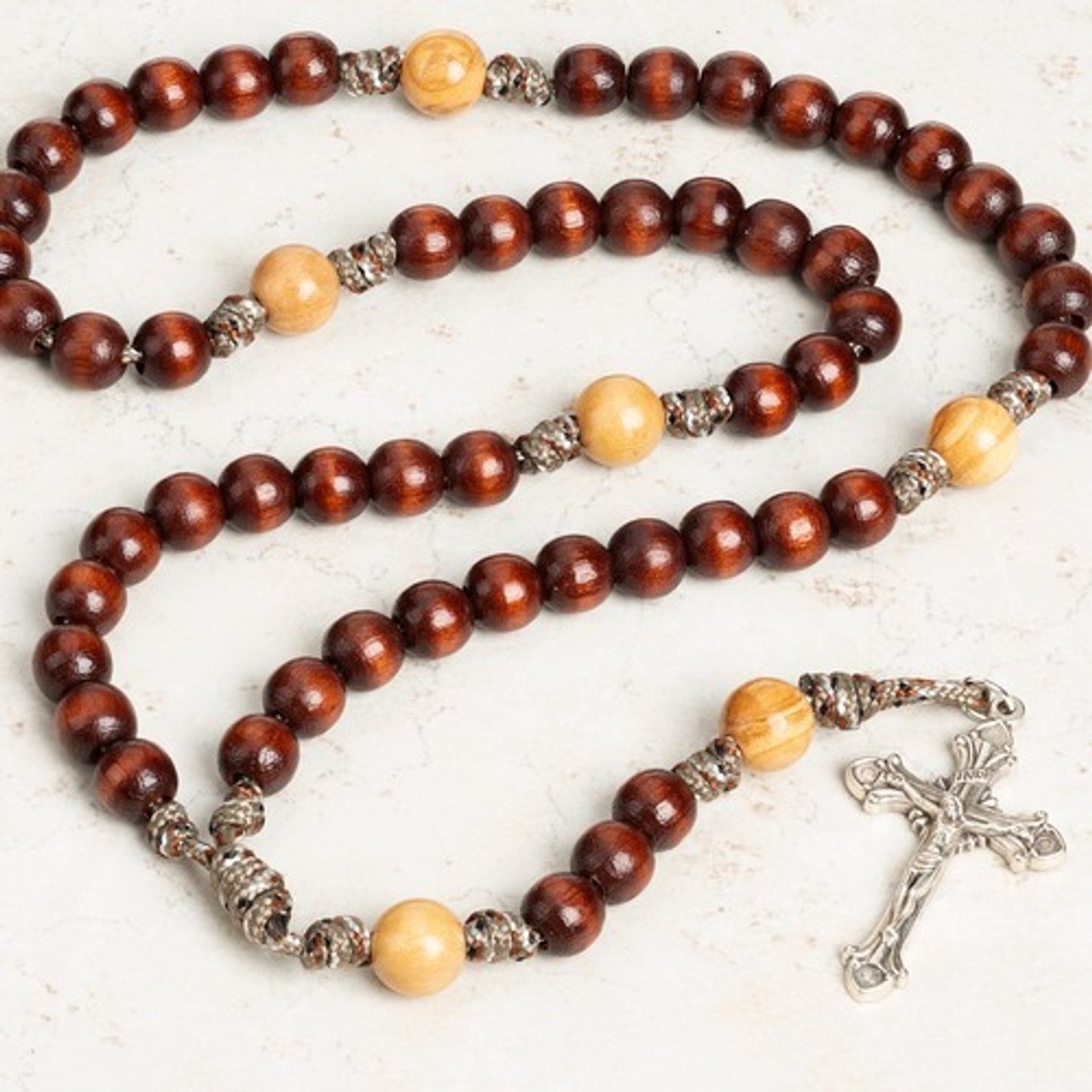 Rosary Cord with Wooden Grains and White Guilloché - Prayer Accessory