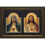 Antique Sacred and Immaculate Hearts (Matted w/ Dark Ornate Frame) thumbnail 1