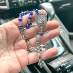 Blue Sun-Cut Crystal Lourdes Water Auto Rosary