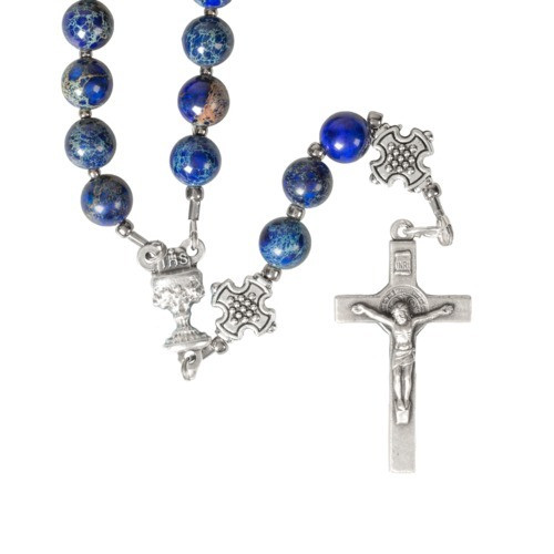 Blue Rosary Beads for Boy on Cord with Pouch 