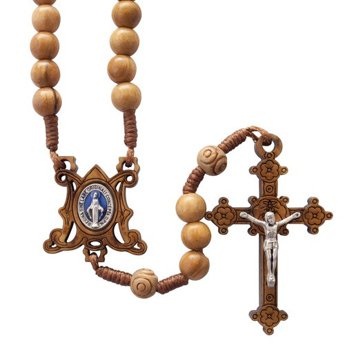 Olive Wood Corded Miraculous Medal Rosary