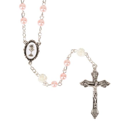 Pink Communion Rosary with White Roses