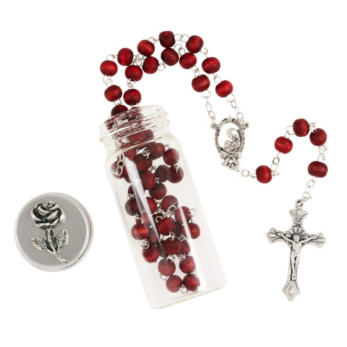 Rose Scented Wood Rosary in Glass Bottle