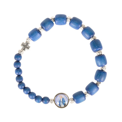 Blue Wood Rosary Bracelet with Miraculous Mother