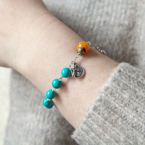Sterling Turquoise & Amber Guadalupe Rosary Bracelet