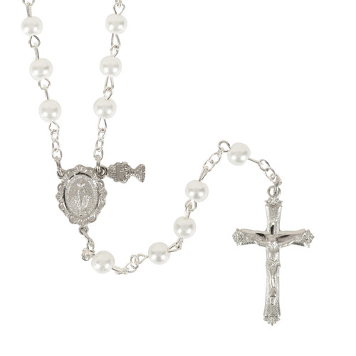 First Communion Pearl Rosary with Chalice Charm